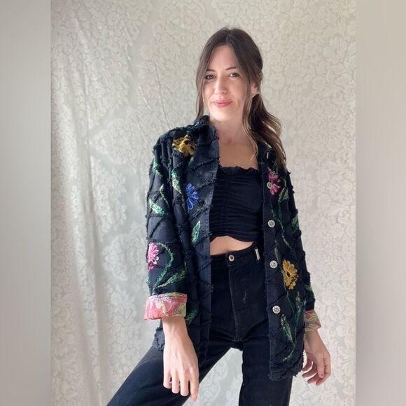 Vintage 90s Roaman’s 100% Cotton Black Floral Embroidered Button Front Jacket - Picture 10 of 12